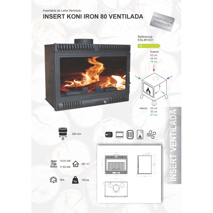 INSERTABLE DE LEÑA KONI IRON 80 VENTILADA